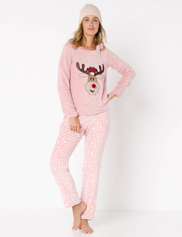 Pyjama manches longues maille polaire motif "renne"  (rose poudré) Pyjama manches longues maille polaire motif "renne"  (rose poudré)